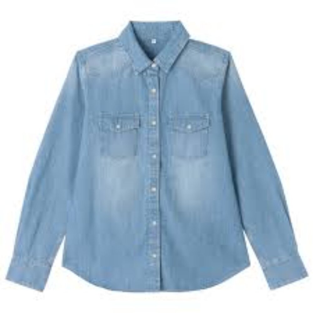 Muji Denim in Your Life Washed Denim Collar Shirt in Light Blue (M)